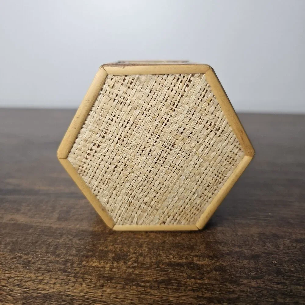 Small Vintage Woven Bamboo Hexagon Box Pyrography Red Velvet